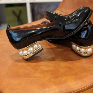Jeffrey Campbell Black Leather Loafers with Pearl Heel